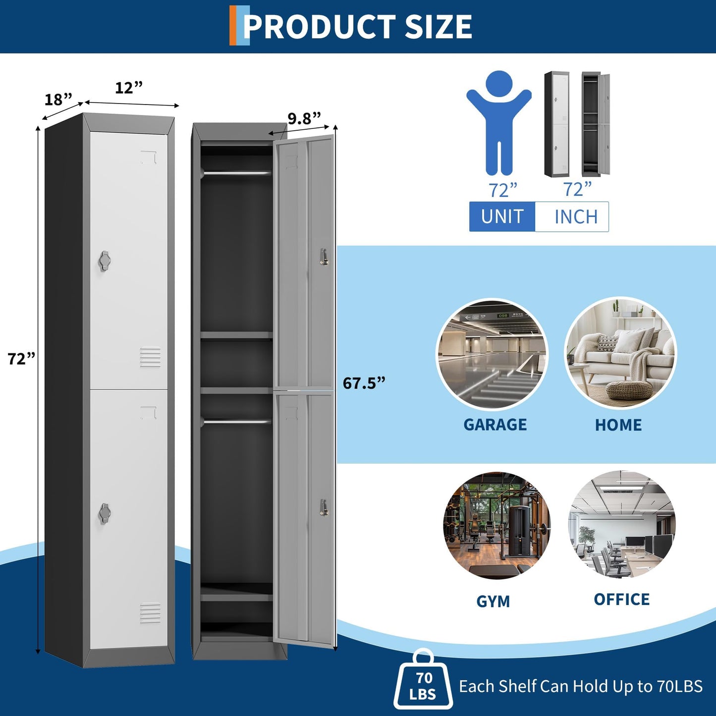 IDEALHOUSE Metal Locker, Metal Storage Cabinet with Shelves and 2 Doors, Perfect for Employees and Students, Fits Schools, Garages, Offices, Gyms, and Homes, Easy Assembly, Grey and Black