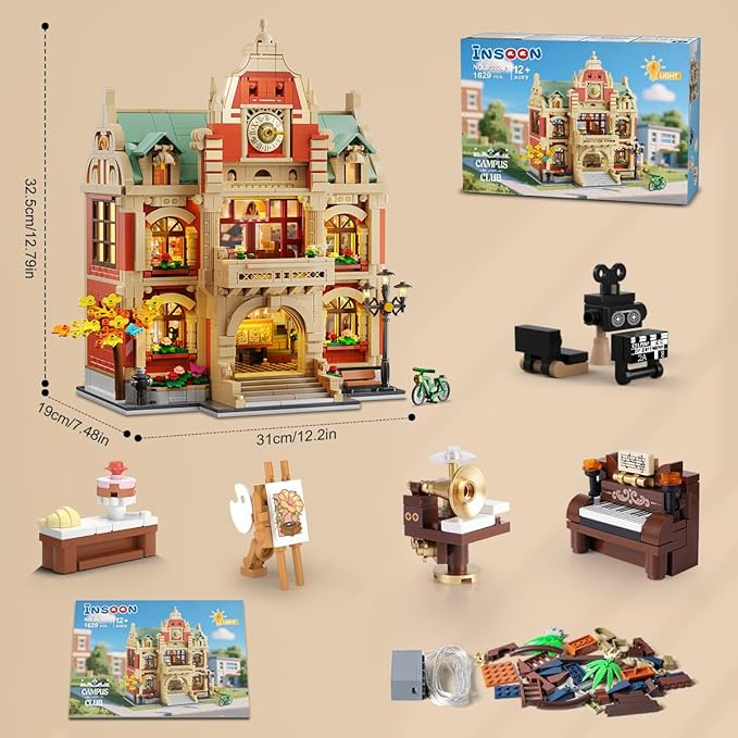 University Club House Building Set with Light1629PCS City Campus Architecture Model with Painting Drama Baking Music Club Home Decor Construction Building Block Gift for Adults Boys Girls 12+