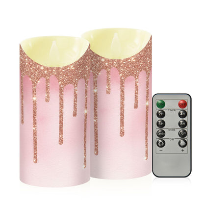 Flameless Candles Set of 2 Rose Gold Pink Glitter Drips Realistic LED Candles with Remote Battery Operated Holiday Decorations