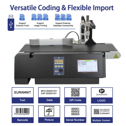 Eurannit XC20E Industrial Inkjet Printer System with Conveyor Belt and Ink Cartridge (0.5 inch Black), TIJ Inkjet Coding Machine 12.7mm Print Height for Small Packaging & Micro Production Lines