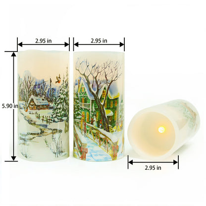 Darnassus Christmas Flameless Candles Real Wax LED Candles Decor Battery Operated with Timer and Green Christmas Tree Decal,Set of 3,Warm Light