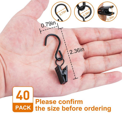 40 PCS Curtain Clips with S Hooks for Outdoor String Lights, Stainless Steel S Hooks with Clips for RV Awning and Gutter Lights (Black)