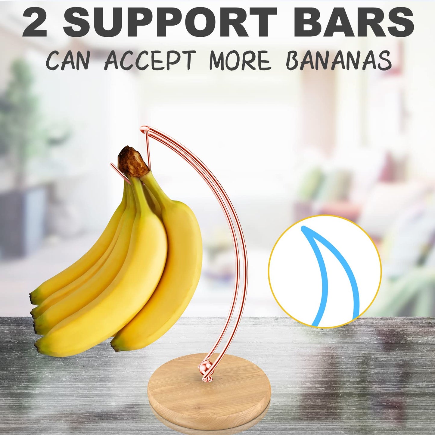 Signice Banana Holder Stand - Patented Modern Banana Tree Hanger with Wood Base Stainless Steel Banana Rack for Home Kitchen Use,Doesn't Tip Over (Rose Gold)
