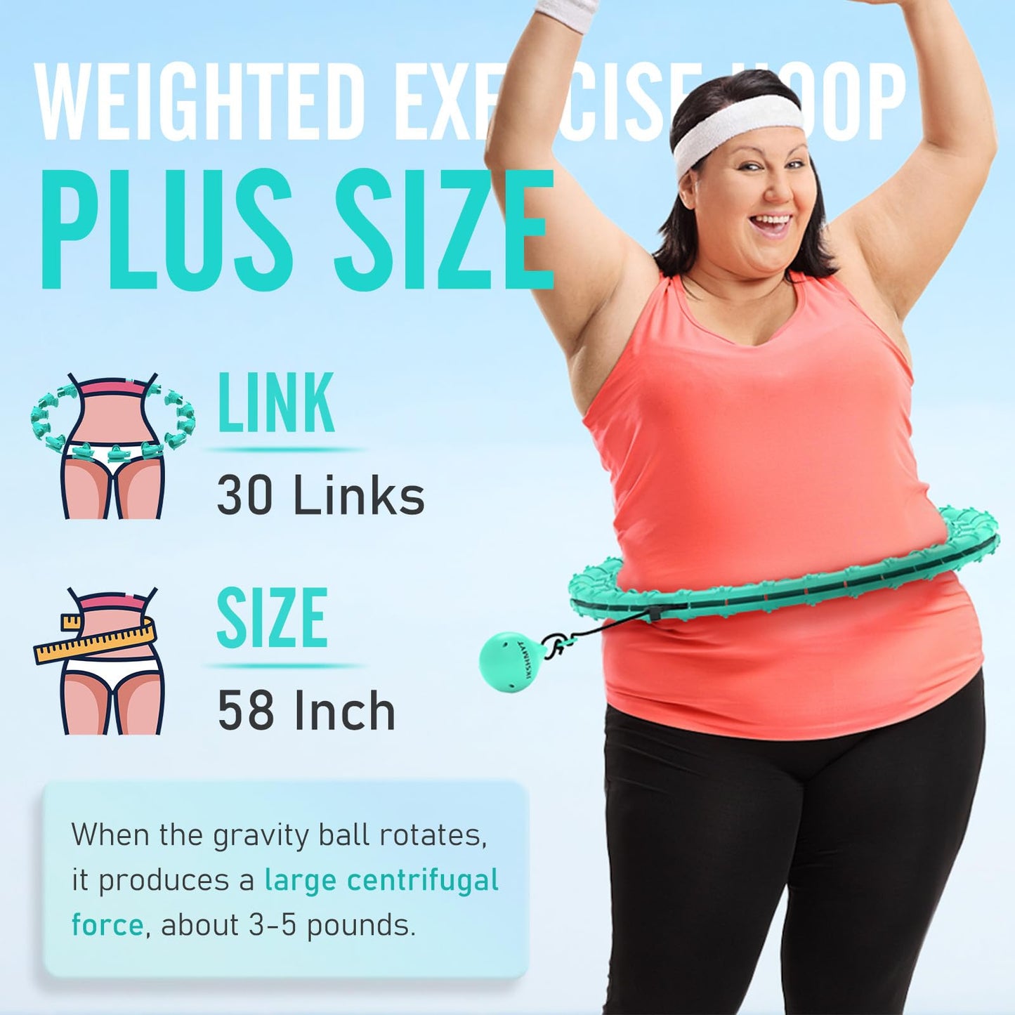 JKSHMYT Weighted Hula Circle Hoops for Adults Weight Loss, Infinity Fit Hoop Plus Size, 30 Detachable Links, Exercise Hoop for Women and Beginners (Cyan)