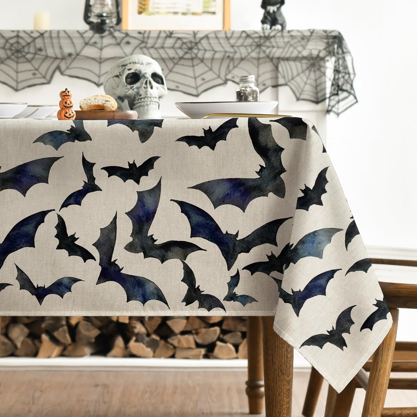 Horaldaily Halloween Tablecloth 52x70 Inch Rectangular, Bats Washable Table Cover for Party Picnic Dinner Decor