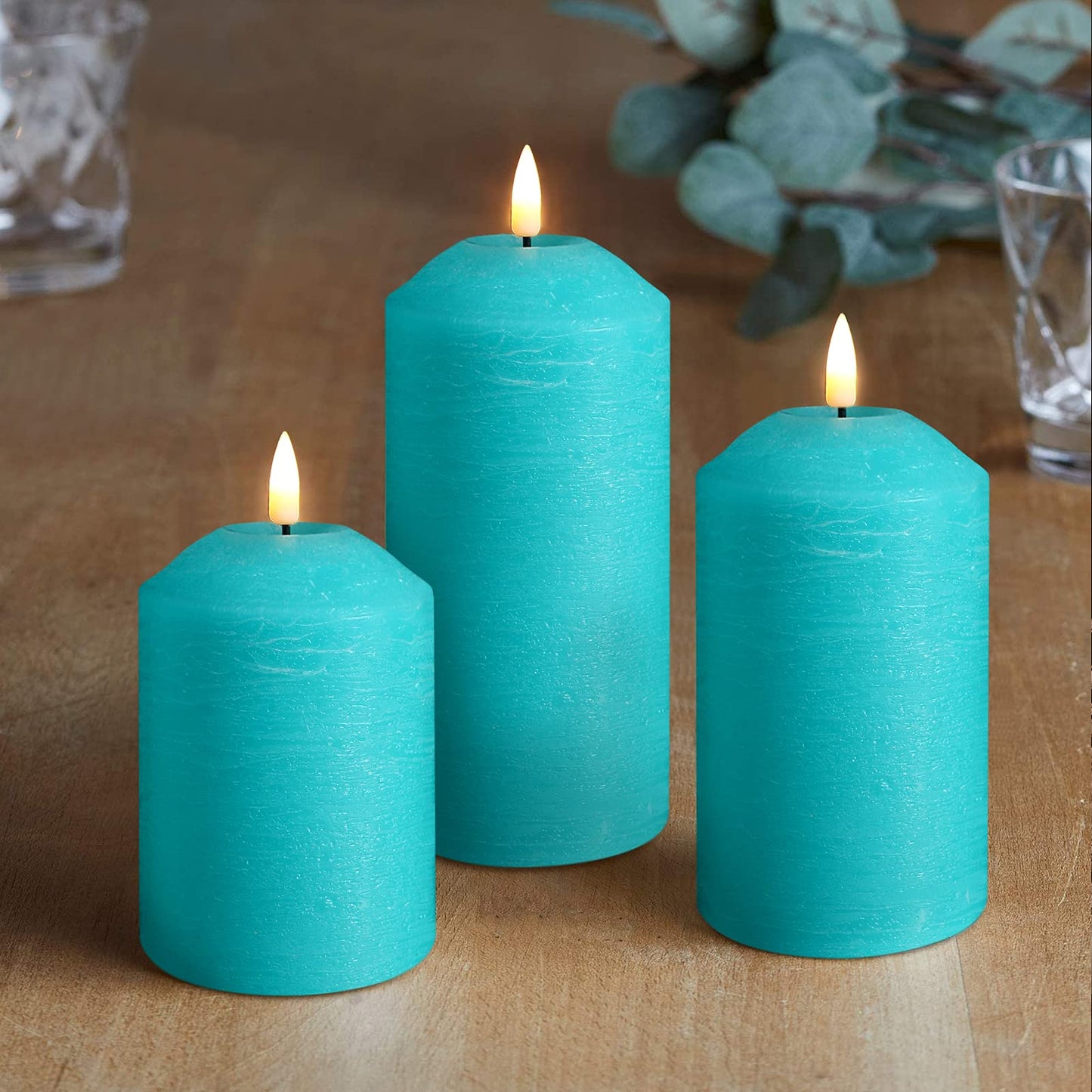 Eywamage Turquoise Blue Flameless Pillar Candles with Remote, Flickering LED Candles Battery Powered Real Wax Set of 3