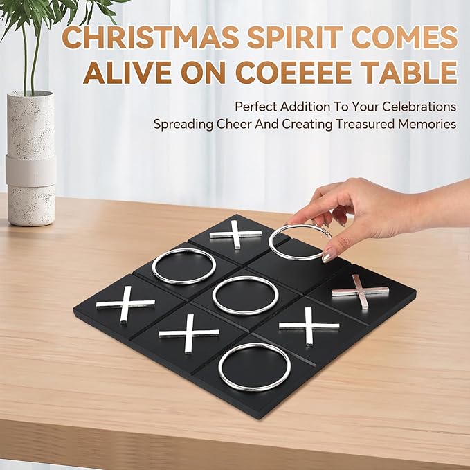 Tic Tac Toe Decor 10 x 10 Inch Wooden Black Wood Board with Gold/Silver X and O Pieces Modern Minimalist Coffee Table Decor for Living Room Office and Bookshelf Display (Silver)