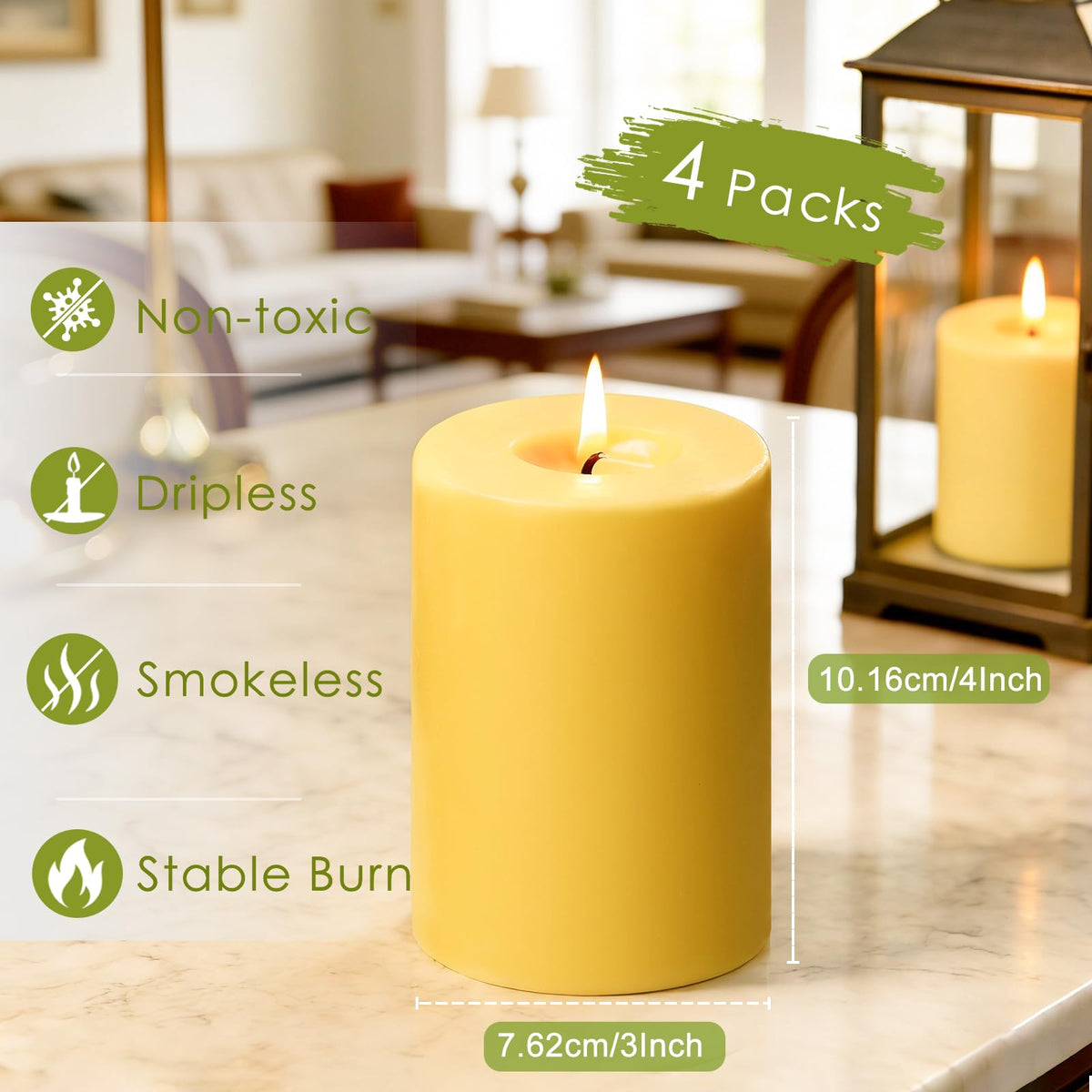 Natural Beeswax Candles Pillar 3x4 inch, 4 Packs Pure Beeswax Candle Non Toxic for Home Decor, Large Bees Wax Pillar Candle with 60 Hours Long Burning Time for Emergency, Meditation, Relax