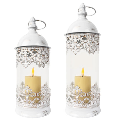 HiSnug Candlestick Holders with Flameless Candles - Gothic Vintage Hurricane Candle Holder, Portable Wind Lamp Barn Lantern Suspended Candleholders for Table Shelf Balcony Eaves, 2PCS, S+L, White