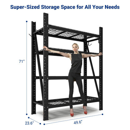 FLEXIMOUNTS Garage Shelving Heavy Duty, 49.6" W 4-Tier 10000LBS Industrial Shelving Unit with 4 Hooks, Adjustable Storage Shelves for Garage, Basement, Warehouse, 71" H x 49.6" W x 23.6" D