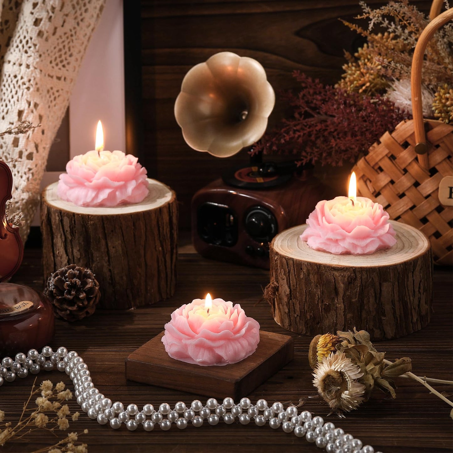 Roowest 3 Pcs Flower Shape Trendy Candles Floral Shaped Aesthetic Candle Soy Wax Handmade Minimalism Decorative for Home Spa Yoga Decor Art Gift(Pink)