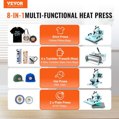 VEVOR 15x15 Heat Press Machine 8 in 1 Combo with 30 OZ Tumbler Press & Hat Press, Slide Out Heat Press Sublimation Machine for T-Shirts, Hats Caps Tumblers Glass Cans Mugs, and Plates (Light Green)
