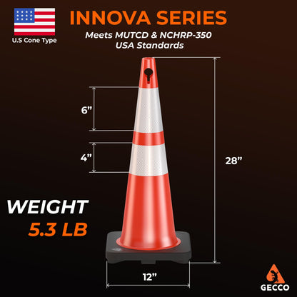 GECCO ™ (8 Pack) 28 Inch 5.3 Lb New Orange Traffic Cones with Chain Hole | Safety Cones, Orange Cones, Parking Cones, Construction Cones, Road Cones | PVC Plastic & Black Base - [INNOVA Series]