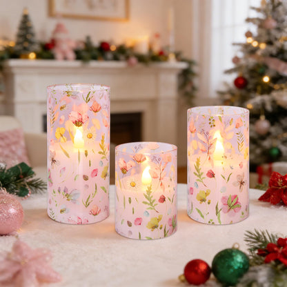 Silverstro Pink Flameless Candles with Remote Timer, Glass Battery Operated Candles, Pink Flower Decals LED Candles for Home Party Wedding Mother's Day Thanksgiving Decor Set of 3