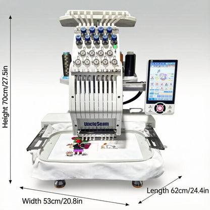 Compact Embroidery Machine with 9 Needles, 1200SPM Max Speed, 10“ Touch Screen, 8"x12" Embroidery Area, For Flat, Hat, T-shirt etc.