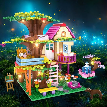 HOGOKIDS Tree House Friends Building Set with LED Light - Girl House Forest Building Block Toy Kit Birthday Valentines Day Gifts for Kids Girls Boys Age Age 6-12+ Years