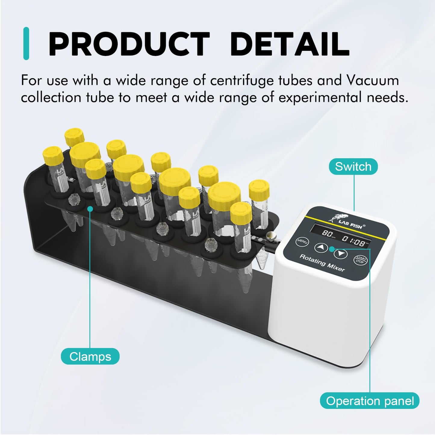 LAB FISH Digital Long Axis Rotating Mixer Shaker Chemical Tube Mixer Adjustable Speed 20-80RPM Timer 1min-23h59min & Continuous Mode for 2/5/10/15/50ml Test Tubes