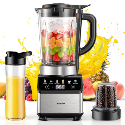 HoninJoy Blenders for Kitchen, Countertop Smoothie Blender with 51oz Glass Pitcher, Grinder & To-Go Cup Combo, 10 Speeds Digital Touchscreen Blender for Smoothies, Shake, Crush Ice, Dishwasher Safe