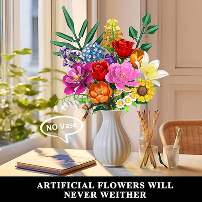 Flower Bouquet Building Set 1043 PCS Bouquet Botanicals Collection Easter Gift for Her Girlfriend Wife 15 Artificial Flowers Building Blocks Home Decor for Adults Kids Teens Women Birthday