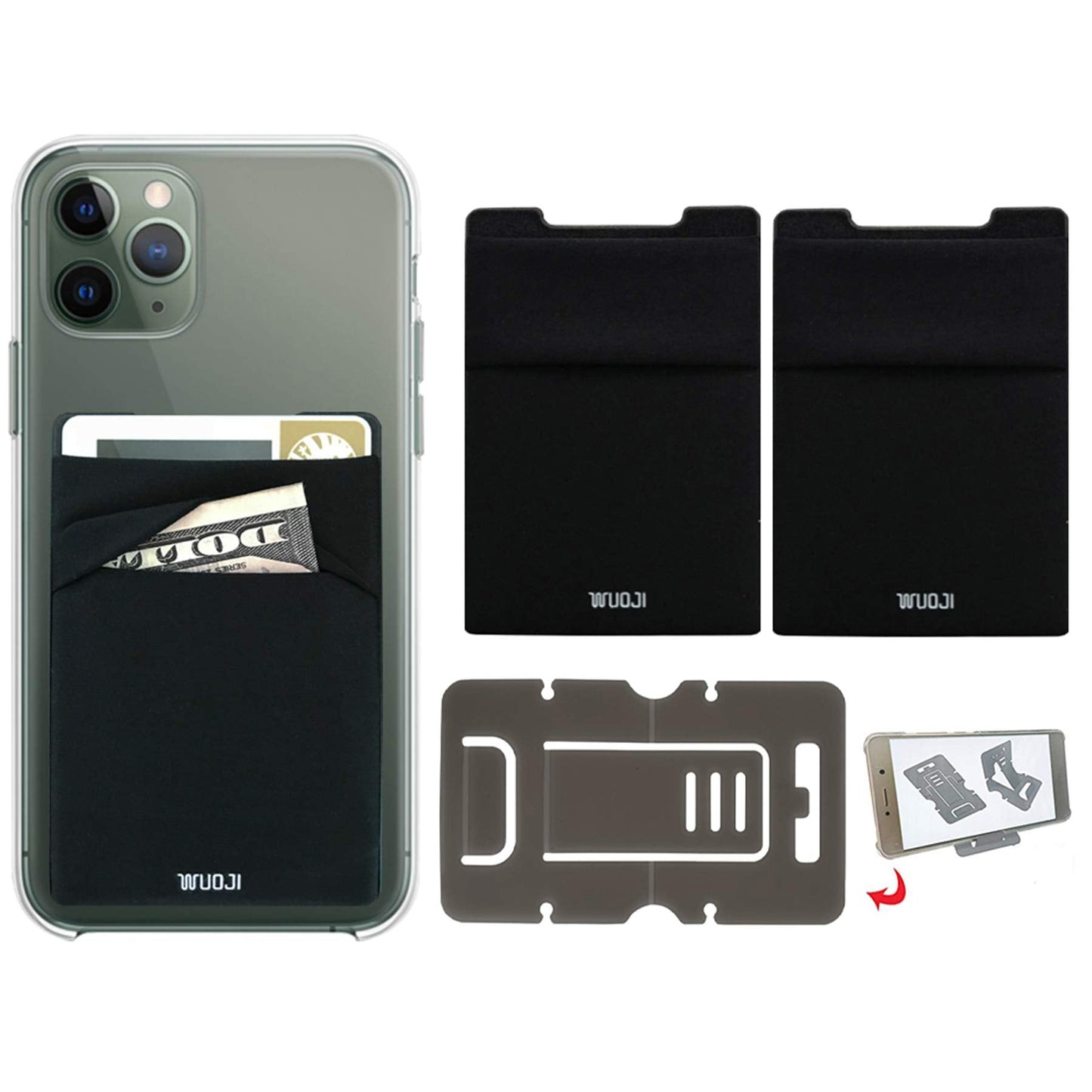 WUOJI RFID Blocking Phone Card Wallet - Double Secure Pocket - Ultra-Slim Self Adhesive Credit Card Holder Card Sleeves Phone Wallet Sticker All Smartphones(Black)-2PC