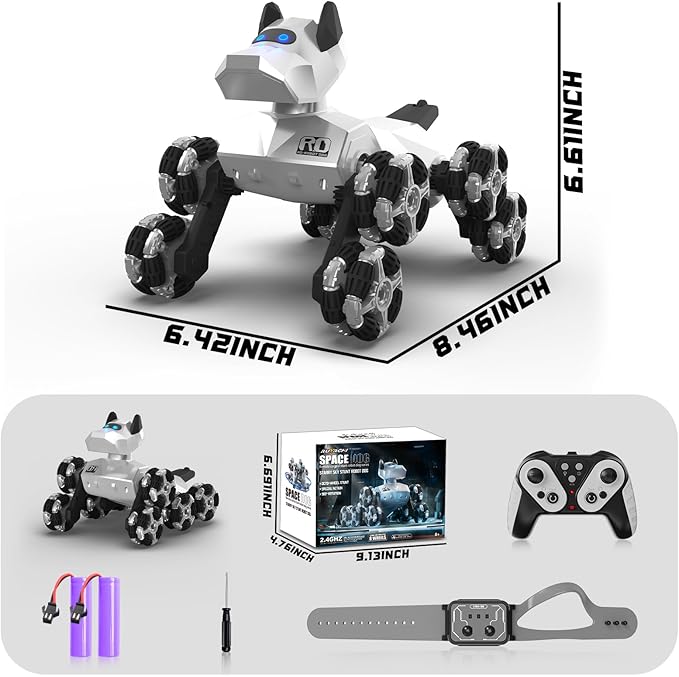 Remote Control Robot Dog Toy 2.4GHz 8WD All-Terrain Gesture Sensing Stunt RC Cars RTR Climbing Robot Dogs with Music Light Eyes 2 Rechargeable Batteries for 8-12 Boys Girl Kids