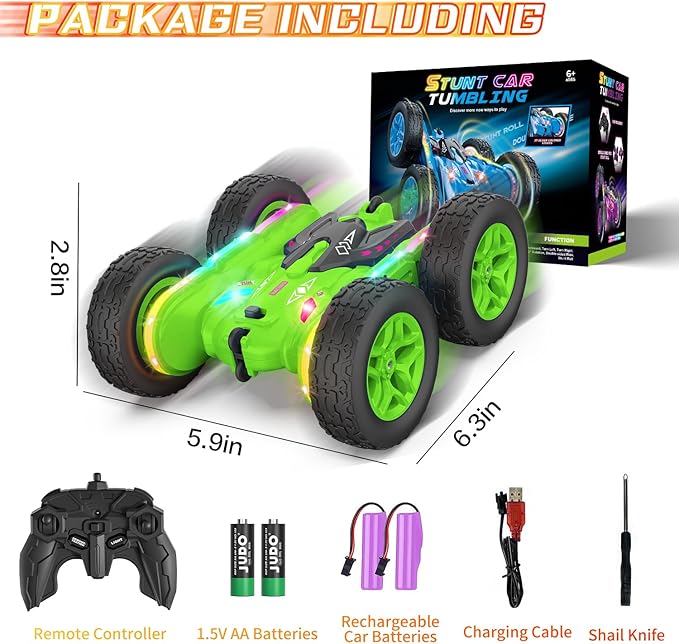 Remote Control Car Rc Cars Stunt RC Car Toys Upgraded Strip Lights and Headlights Kids Toys Double-Sided 360° Rotating 4WD Drift Truck for Boys Girls Birthday Gift (Green)