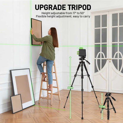 Laser Level 360 Self Leveling with 50" Tripod, Huepar 3x360° High Brightness Green Laser Leveler Tool for Construction, Tile and Picture Hanging, 5200 mAh Li-ion Battery & 2 Portable Bag Included