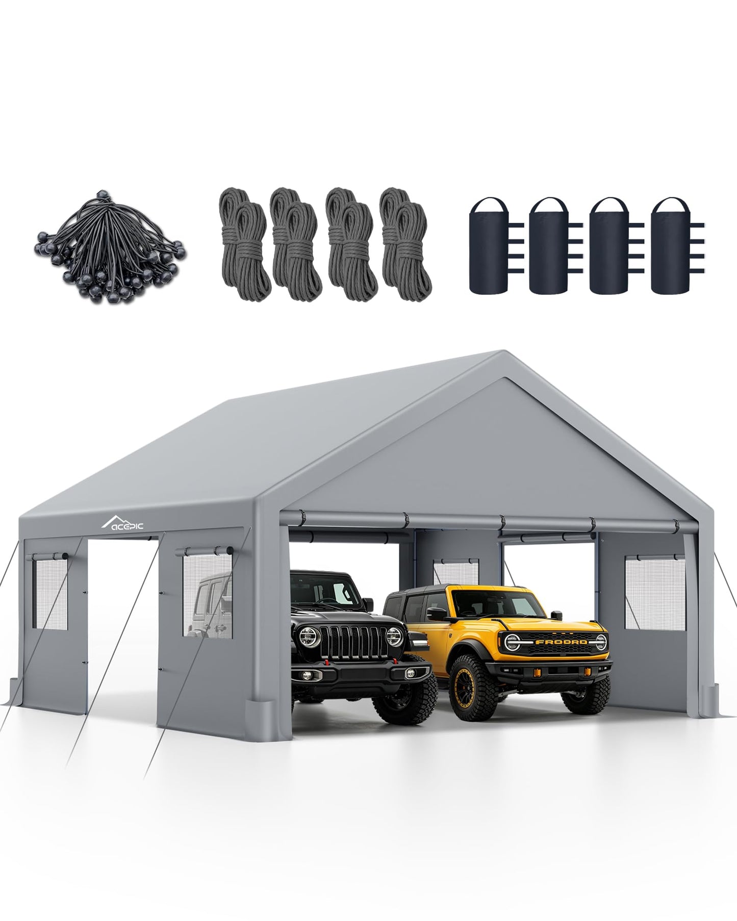 Acepic Upgraded 20x20 Heavy Duty Carport, Features Roll-up Windows & Doors, Portable Garage with UV Resistant Waterproof All-Season Tarp for Car, Truck, Boat