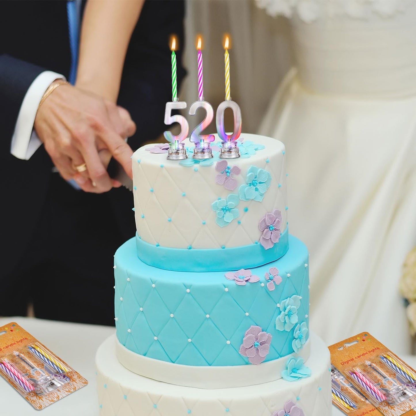 Boao 50 Pcs Birthday Number Candle Set Includes 10 Pcs Multicolor LED Flashing Number Candles with Transparent Shell and 40 Pcs Wax Candles(Colored Candle Style)