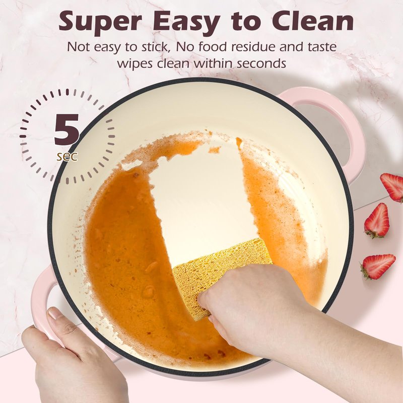 Umite Chef Enameled Cast Iron Dutch Oven-7QT Pot with Lid Cookbook & Cotton, Heavy-Duty Cookware for for Bread Baking, Braising, Stews, Marinate, Cook(Pink)