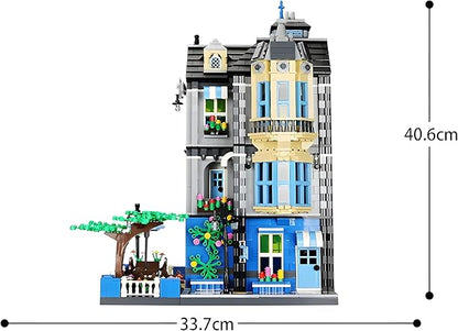General Jim's 3-Story Victorian Townhouse &amp Garden Coffee Shop 2313-Piece Blue &amp Yellow Modular Building Blocks Set - MOC City Buildings - Great Gift for Brick Building Enthusiasts