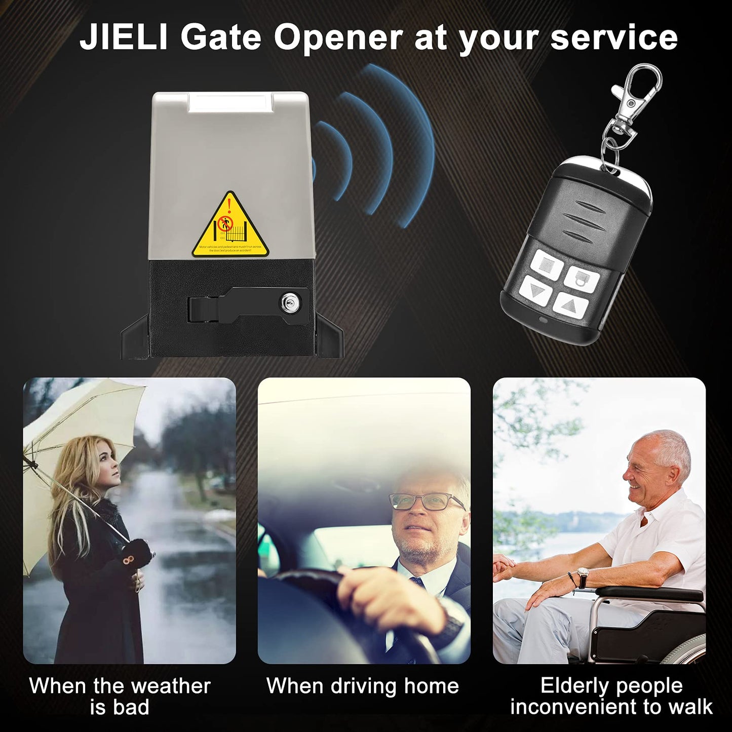 JIELI 1800lb Heavy Duty Automatic Sliding Gate Opener with Four Remote Controls,Chain Drive Motor for Driveway Rolling Gate up to 40 Feet,Sliding Gate Opener Hardware Security System Kit