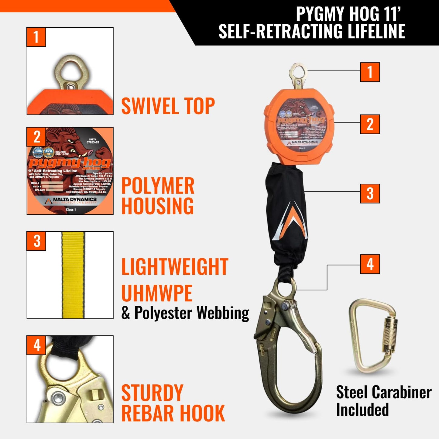 Malta Dynamics Pygmy Hog 11-Foot Self-Retracting Lifeline (SRL) – OSHA & ANSI Compliant Fall Protection Retractable Lanyard with Rebar Hook – Class 1-P, Lightweight, Durable, 310 Pound Capacity
