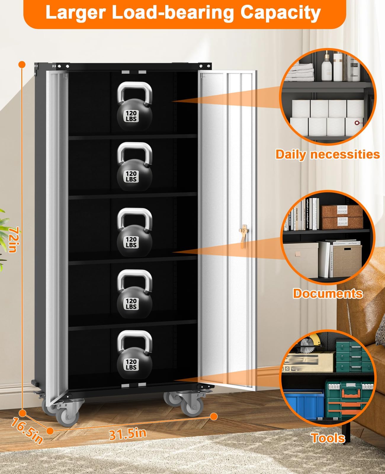 GarveeHome 72" Garage Storage Cabinet with 4 Adjustable Shelves, Heavy Duty Metal Organizer, Lockable Rolling Storage, Wheels, for Garage Home Office, Warehouse, Pantry, Kitchen, Basement, Gray