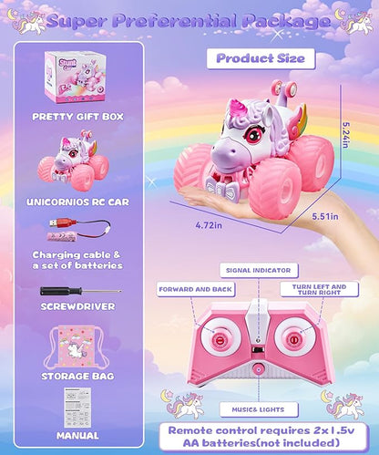 Remote Control Car Unicornios Trucks with Lights and Music360°Rotating 4WD Stunt RC Cars Toys for Girls 2.4 GHz Rechargeable All Terrain RC Toys Presents for Girls Age 3-10 (With Storage Bag)