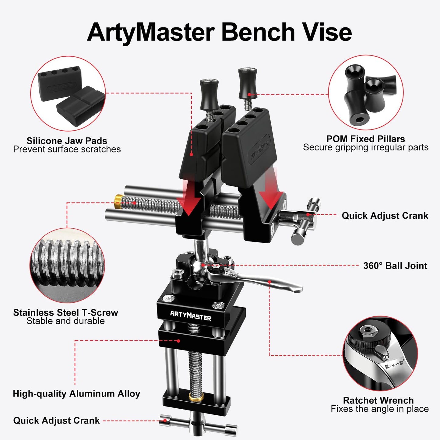 ArtyMaster 360° Rotating Bench Vise with Quick-Release Ratchet Wrench - Versatile Woodworking & Pipe Vise for Home Improvement - 4 Inch Workbench Vise for Carving, Repair & DIY Projects (WT117A)