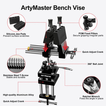 ArtyMaster 360° Rotating Bench Vise with Quick-Release Ratchet Wrench - Versatile Woodworking & Pipe Vise for Home Improvement - 4 Inch Workbench Vise for Carving, Repair & DIY Projects (WT117A)