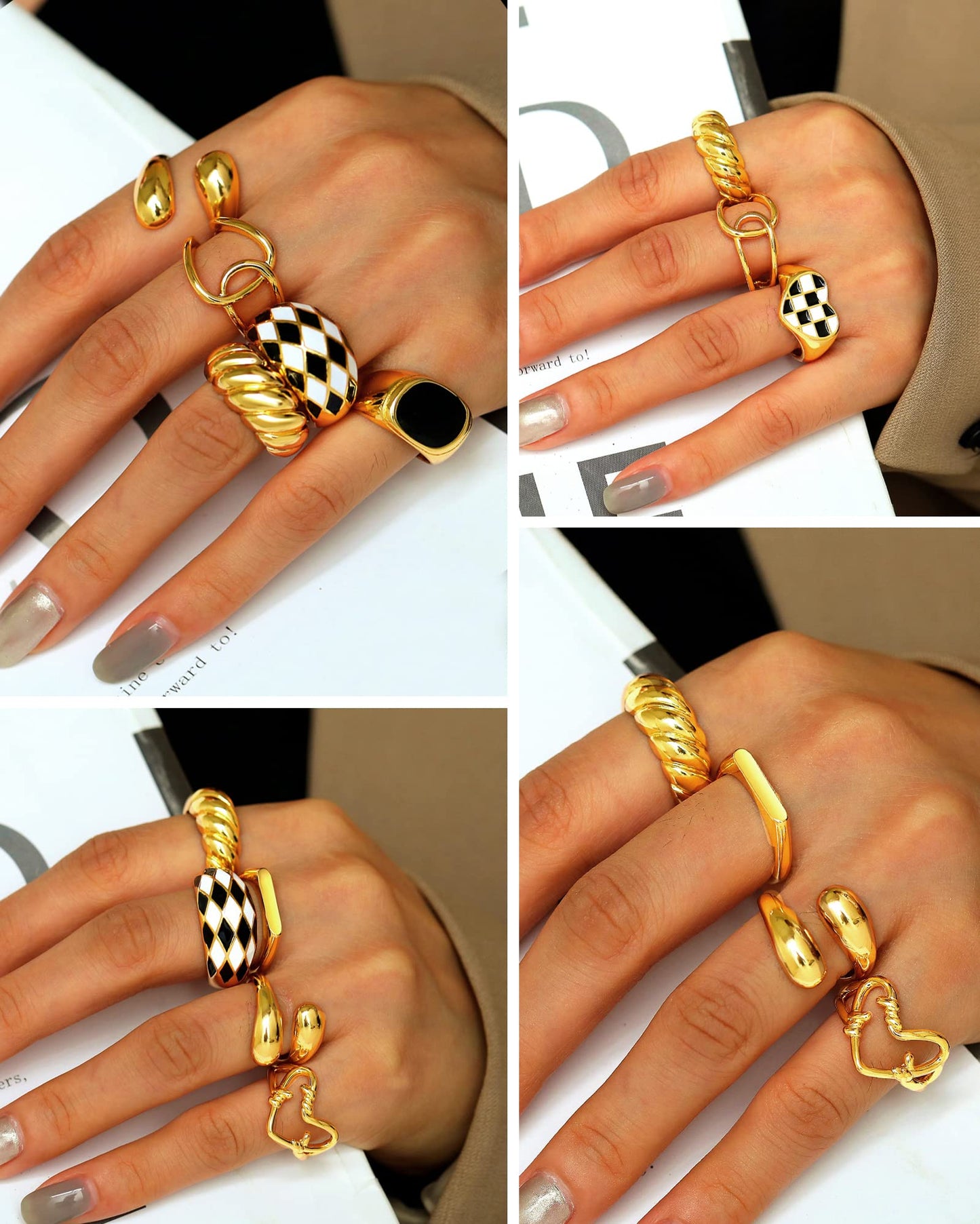 FAXHION 12PCS Gold Stackable Rings Set for Women, 18K Gold Plated Open Stacking Knuckle Ring, Adjustable Chunky Signet Band Statement Ring for Gift