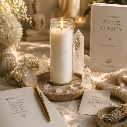 White Clarity Manifestation Candle Kit – 8" Ritual Prayer Candle with Intention Scrolls, Pencil & QR Guide for Clarity, Focus, Spiritual Growth & Mindfulness