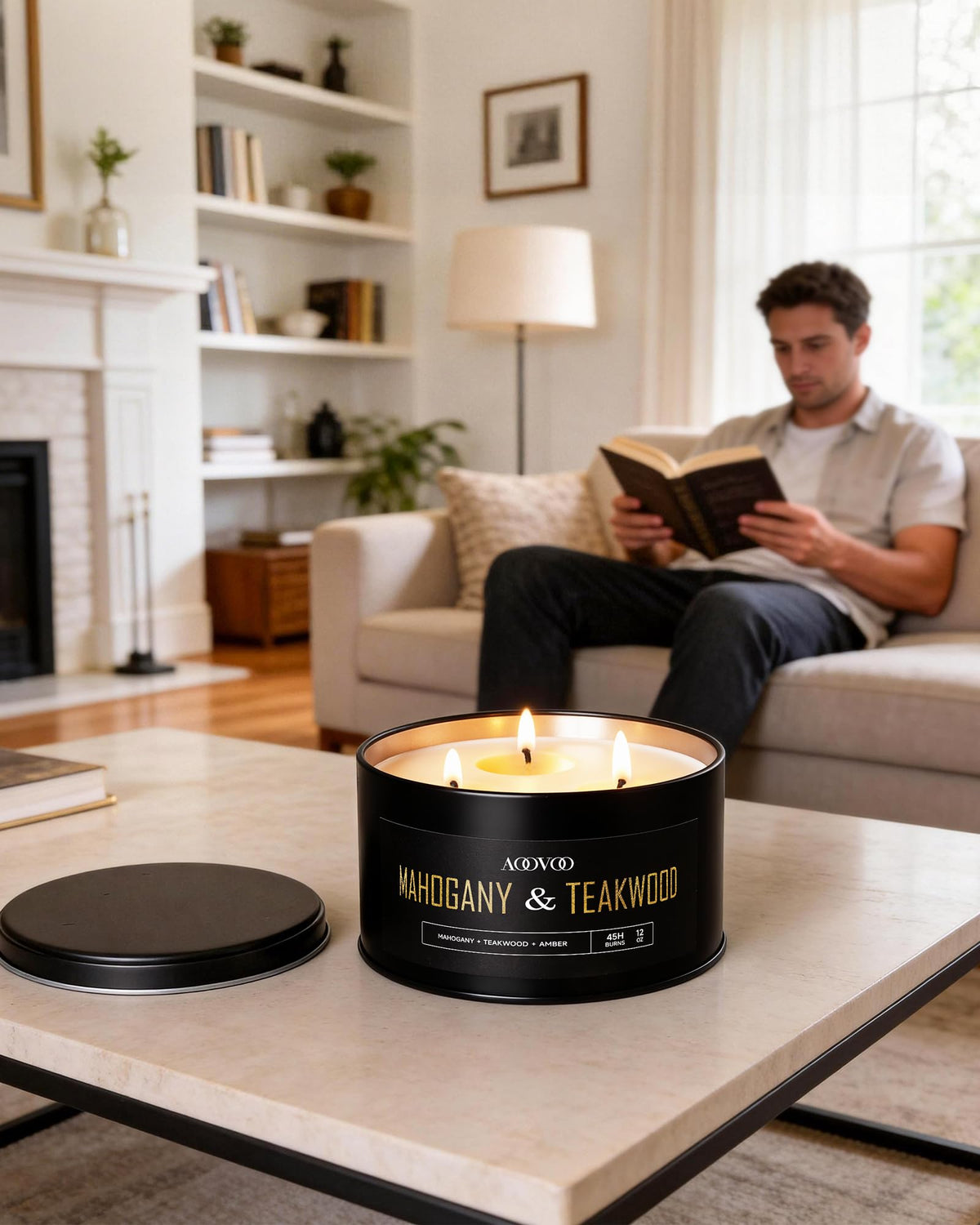 AOOVOO Mahogany Teakwood Candles for Men - 3 Wick 12oz Large Scented Candle, Long Lasting Soy Candles for Home Scented, Strong Fragranced Masculine Black Candle Gift for Women & Men