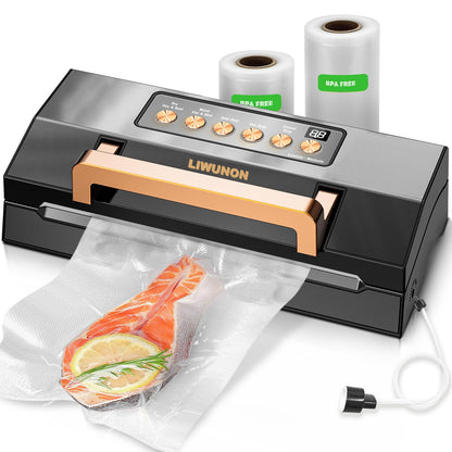 Powerful Suction Vacuum Sealer Machine,Commercial Fully Automatic Food Vacuum Sealer with Double Heat Seal,Dry & Moist Modes,Built-in Cutter,Bags Storage,Easy-Lock Handle,Include 2 Bag Rolls (Black)