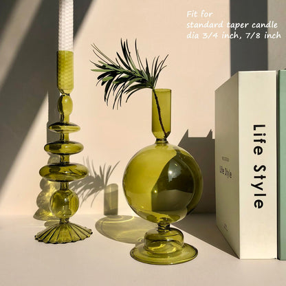 Amanman Candle Stick Candle Holder, Glass Candle Holders for Table Centerpiece, Modern Style Green Candle Holder Mixed 4pcs