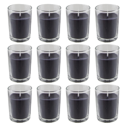 Mega Candles 12 pcs Unscented Glass Black Container Candle, Votive Candles 12 Hour Burn Time 2 Inch x 2.5 Inch, Home Décor, Wedding Receptions, Occasions, Events, Festivities, Meditations, Prayers