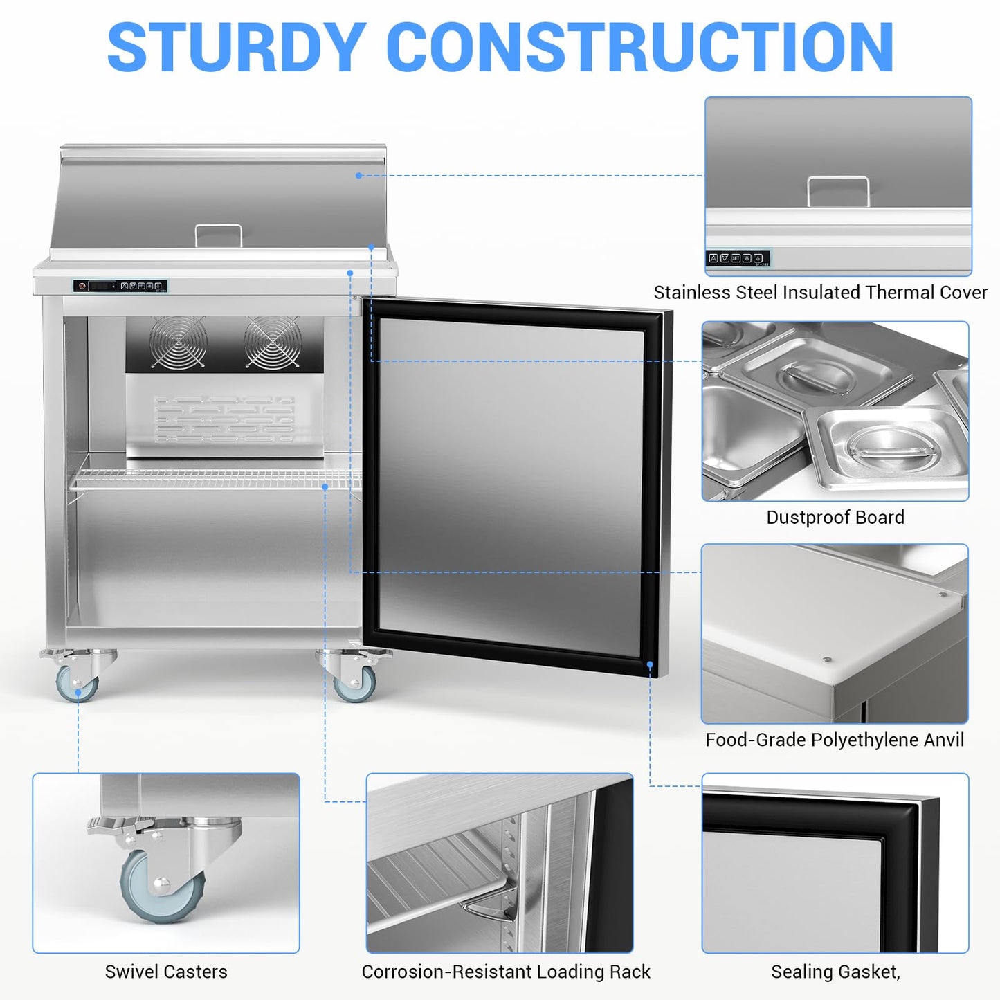 GarveeHome Commercial Refrigerator, 28" Undercounter Worktop Refrigerator,7.4 cu. ft W Single Door Thick Stainless Steel Refrigerator Sandwich Salad Prep Station Cooling with Cutting Board and 8 Pans