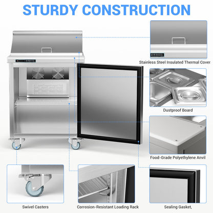 GAOMON Commercial Refrigerator, 28" Sandwich & Salad Prep Table, 7.42 Cu. Ft Stainless Steel Refrigerated Food Prep Station with 8 Pans, Cut Board, 1 Door Worktop Fridge with lock for Restaurant