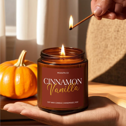 Cinnamon Vanilla Candle for Home Scented| Organic Soy Non Toxic Candles| Long Clean Burning Aromatheraphy Jar Candel for Women Men for Autumn,Winter, Halloween,Thanksgiving,Relaxing| 9oz