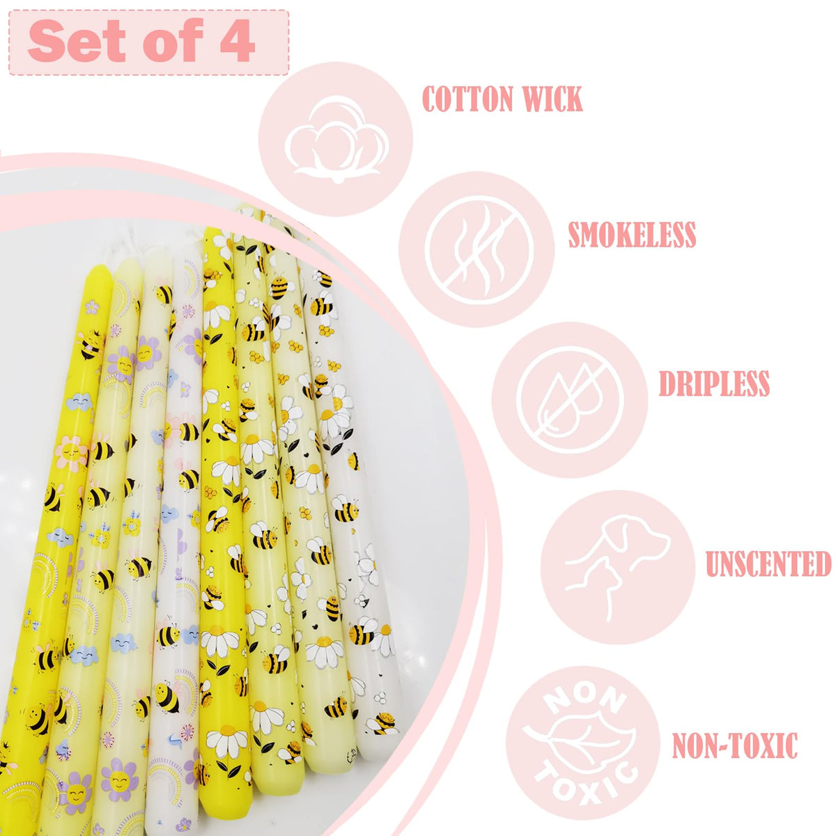 FYBW Bee Print Taper Candles 10 Inch 4 Pack Unscented, Smokeless, Tall Tapered Candles for World Bee Day Mother's Day, Wedding Holiday Party(BY3)
