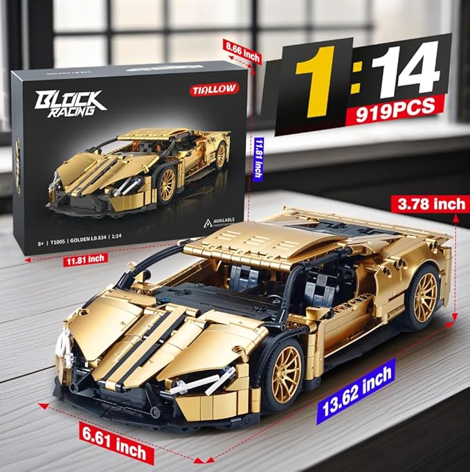 Sports Car Building Set for Adults - 1:14 MOC Toy Car Building Block Racing Car Model Kit Gifts for BoyfriendsBoys and Teens Age 8-14 (Gold)
