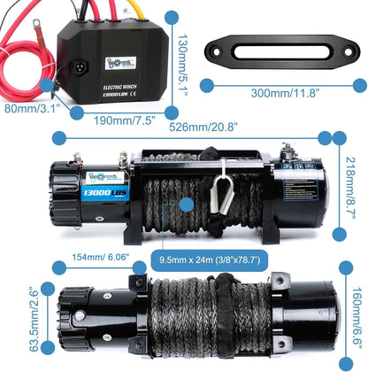 PROFLine Electric Winch 13000 lbs ATV Winch 12V with Synthetic Rope and Hook Truck Winch with Hawse Fairlead Remote Control for Towing UTV SUV Off Road Vehicle