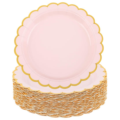 AimFun Pink Disposable Dessert Party Plates 7inch Gold Foil Scalloped Paper Plate for Valentines Day Bridal Baby Shower Wedding Tea Party Supplies